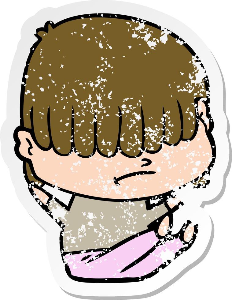 distressed sticker of a cartoon boy with untidy hair vector