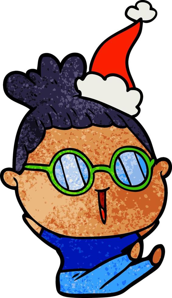 textured cartoon of a woman wearing spectacles wearing santa hat vector