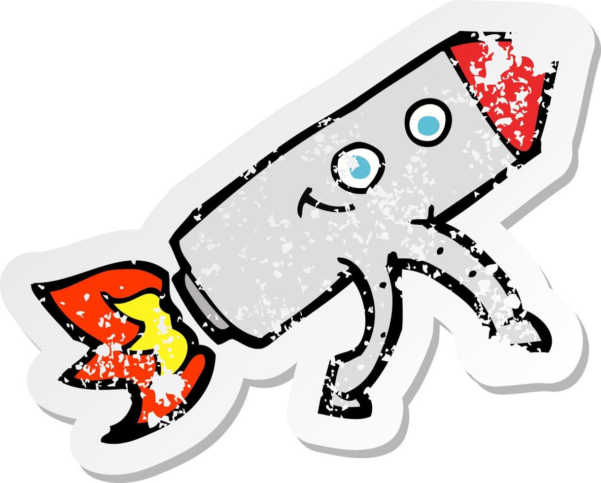 retro distressed sticker of a cartoon happy rocket vector