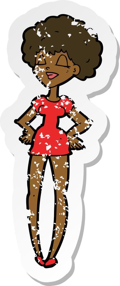 retro distressed sticker of a cartoon happy woman with hands on hips vector