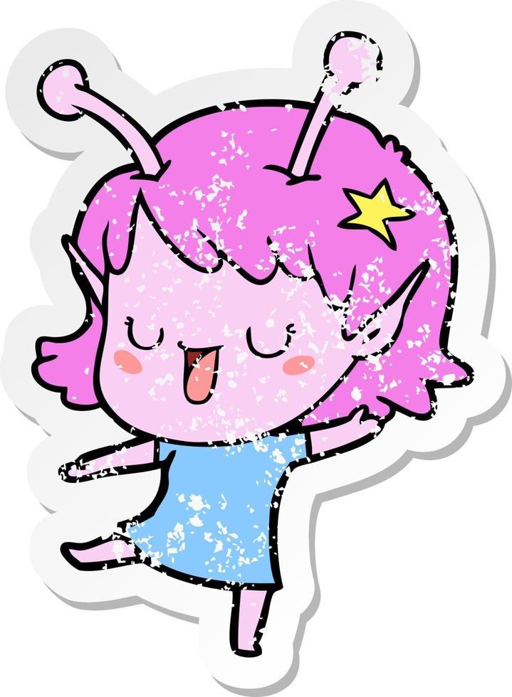 distressed sticker of a happy alien girl cartoon vector