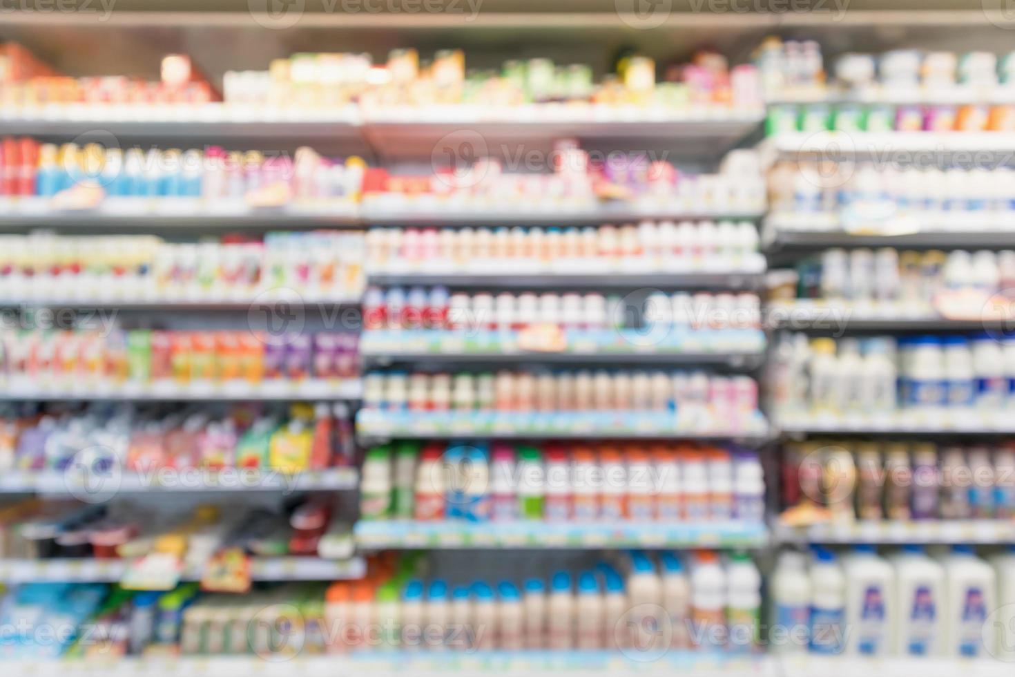 Abstract blur supermarket grocery store refrigerator shelves with fresh milk bottles and dairy products photo