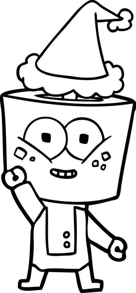 happy line drawing of a robot waving hello wearing santa hat vector