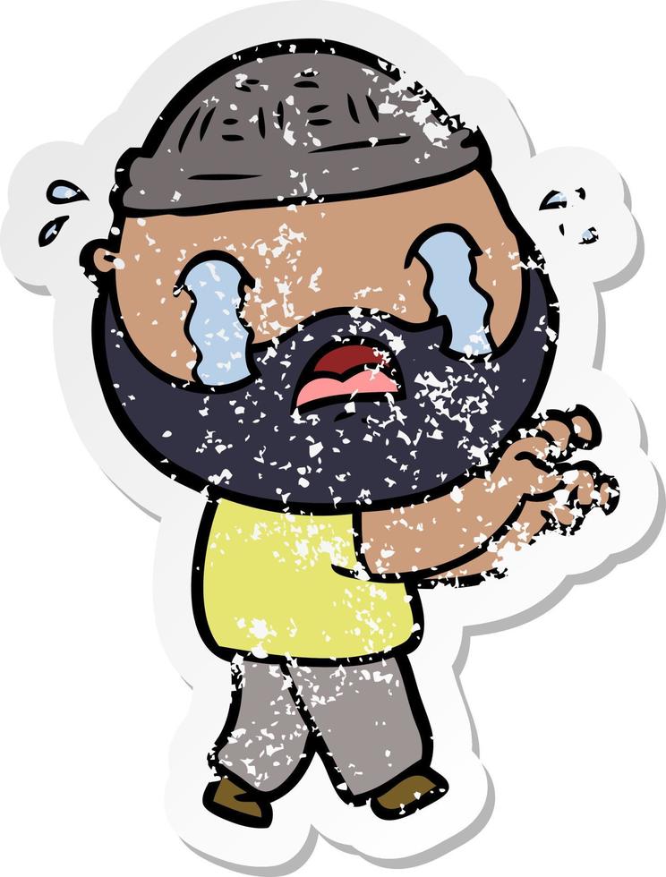 distressed sticker of a cartoon bearded man crying vector