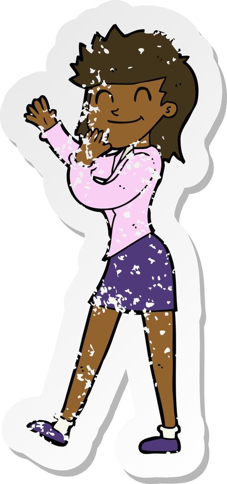 retro distressed sticker of a cartoon happy businesswoman vector
