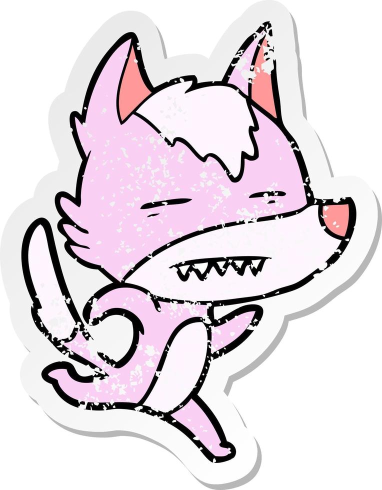 distressed sticker of a cartoon wolf running showing teeth vector