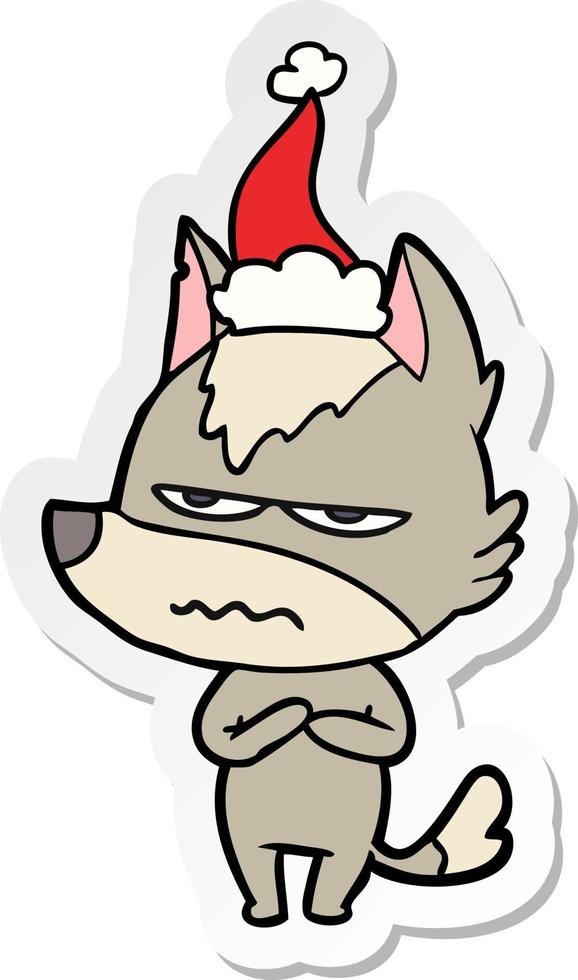 sticker cartoon of a annoyed wolf wearing santa hat vector