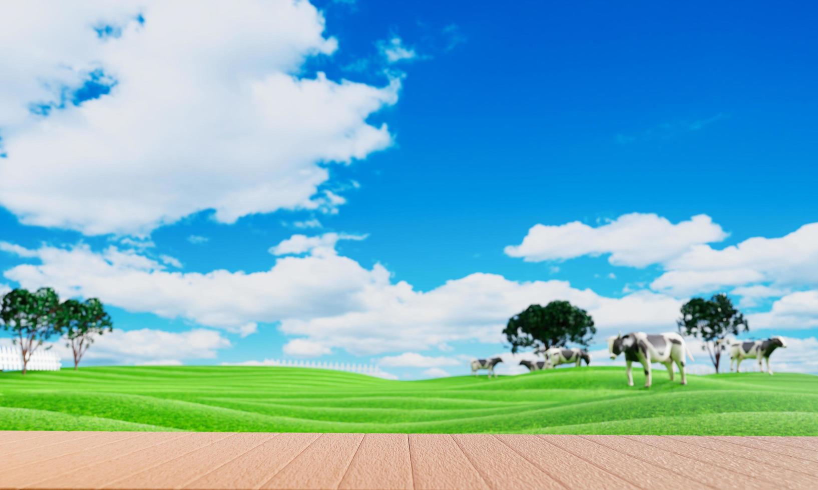 The slats form a balcony. For placing objects with blurred, out of focus backgrounds in a wide meadow. There are cows walking to eat grass. The sky is clear. Extensive grassland scenery. 3D rendering. photo