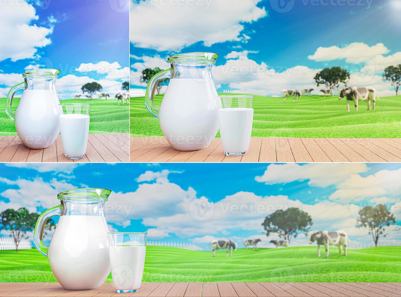 juego de leche fresca en vidrio transparente y jarra de leche en el suelo de tablones reflectantes. las vacas de pradera verde brillante caminan libremente comiendo hierba. cielo azul claro con nubes blancas. representación 3d foto