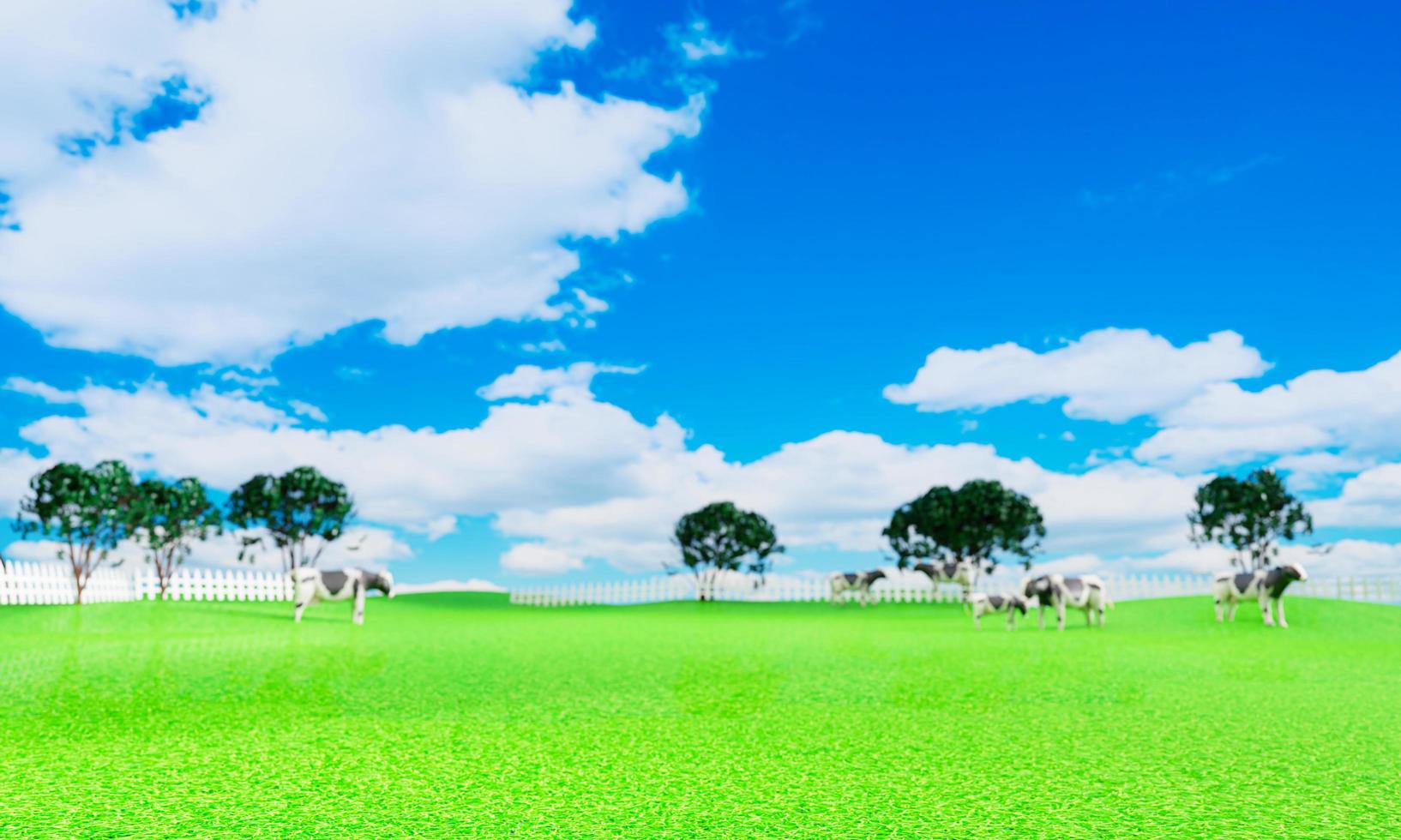 fondos desenfocados en una amplia pradera. hay vacas caminando para comer pasto. el cielo esta despejado. extenso paisaje de pastizales. representación 3d foto