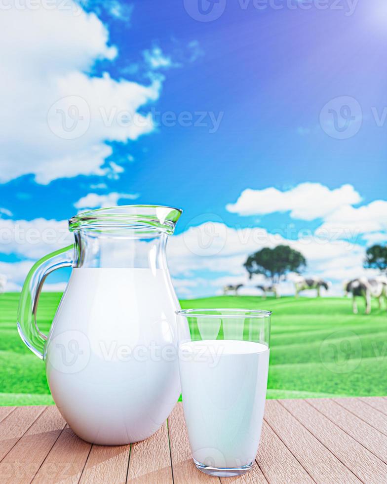 Fresh milk in clear glass and milk jug on the reflective plank floor. Bright green grassland cows are walking freely and enjoying eating grass. Clear blue sky with white clouds. 3D rendering photo