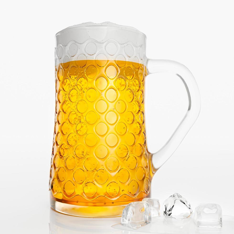 Draft or craft beer in a tall clear glass. With cold steam, White beer foam was placed on reflective floor. There were water droplets on the floor. Most popular alcoholic beverages. 3D rendering photo