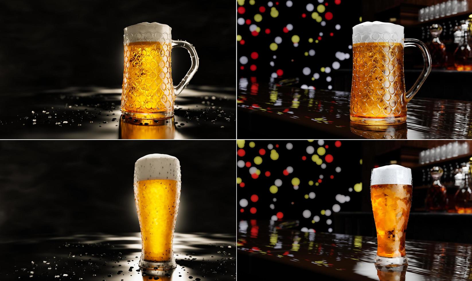 Set of Draft or craft beer in a tall clear glass. With cold steam, White beer foam was placed on reflective floor. Most popular alcoholic beverages. 3D rendering photo