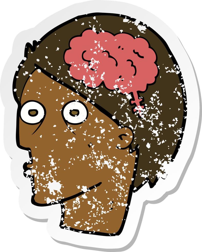 retro distressed sticker of a cartoon head with brain symbol vector