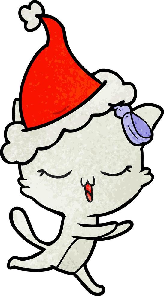 textured cartoon of a cat with bow on head wearing santa hat vector