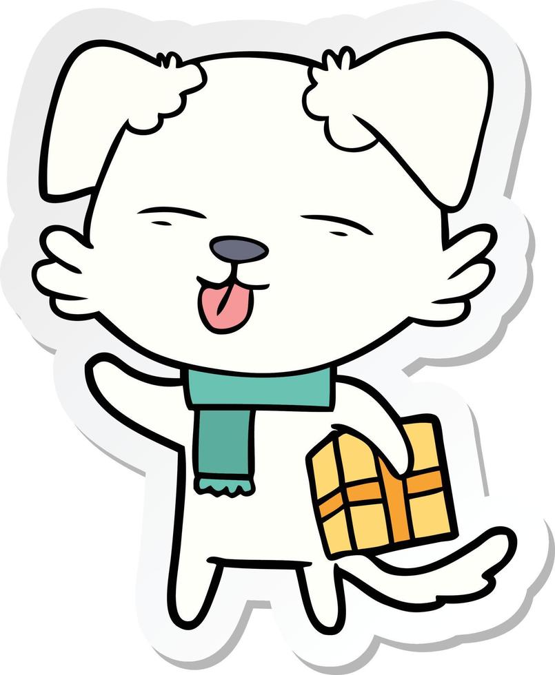 sticker of a cartoon dog with xmas gift vector