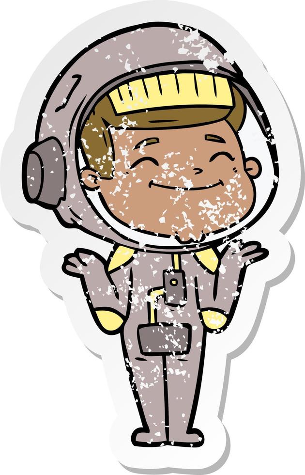 distressed sticker of a happy cartoon astronaut vector