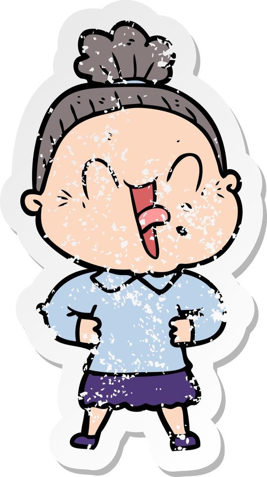 distressed sticker of a cartoon happy old woman vector