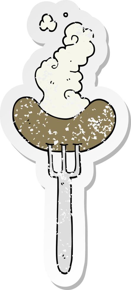 distressed sticker of a cartoon sausage on fork vector