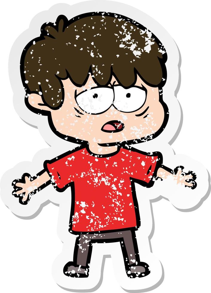 distressed sticker of a cartoon exhausted boy vector