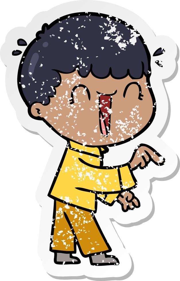 distressed sticker of a laughing cartoon man pointing finger vector