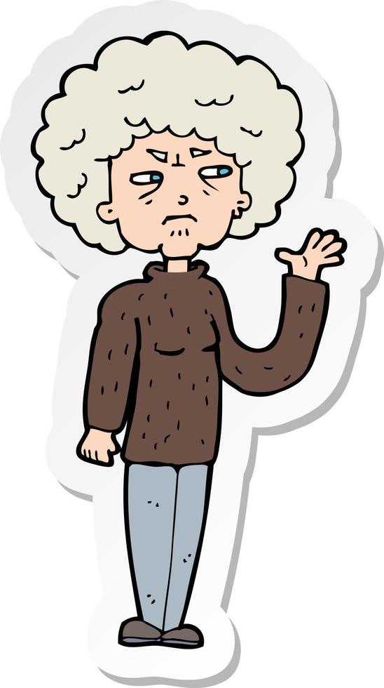 sticker of a cartoon annoyed old woman waving vector