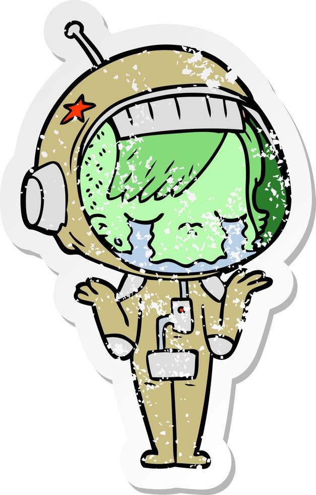 distressed sticker of a cartoon crying astronaut girl vector