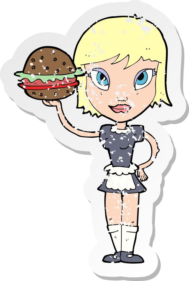 retro distressed sticker of a cartoon waitress with burger vector