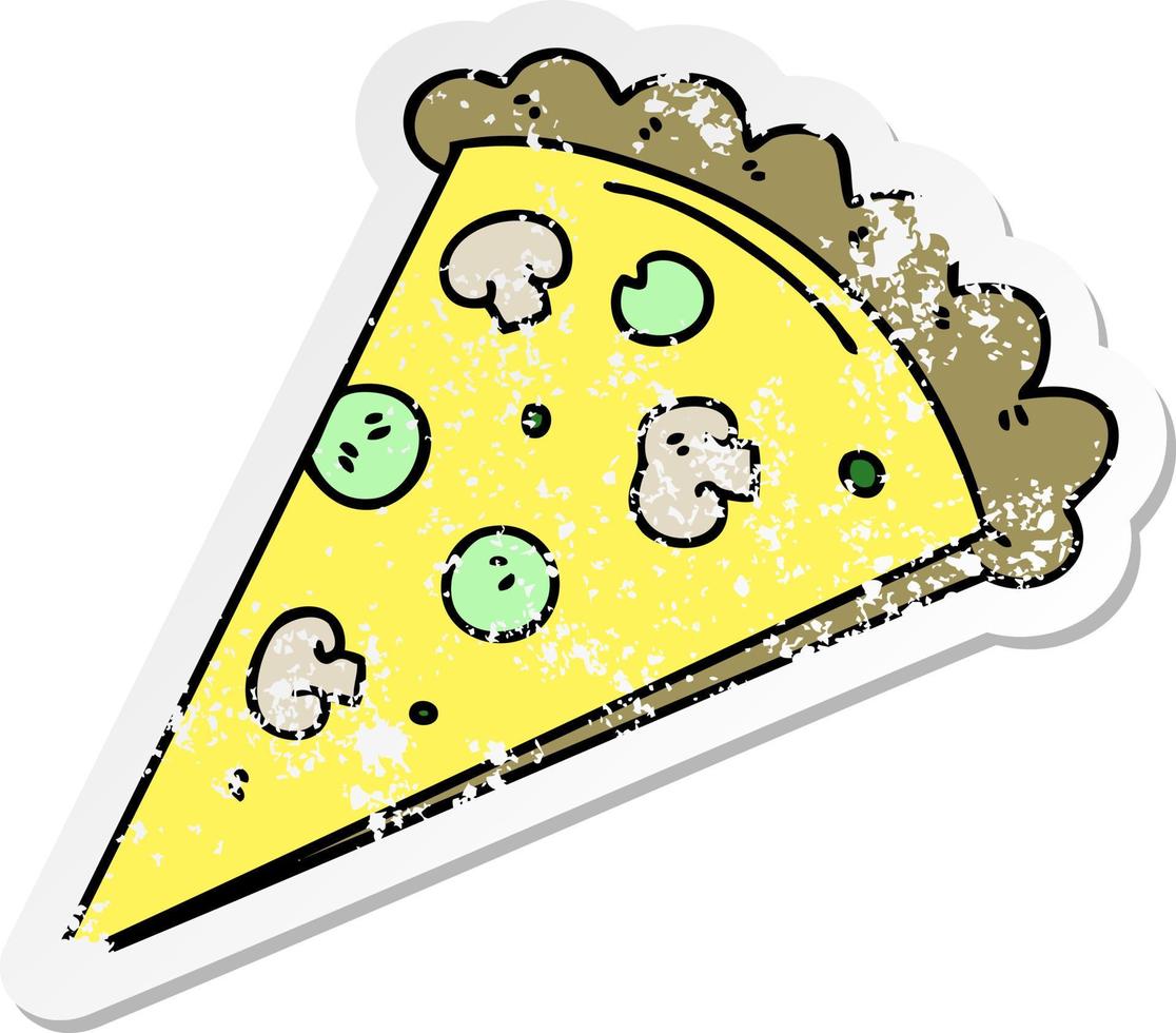 distressed sticker of a quirky hand drawn cartoon slice of pizza vector