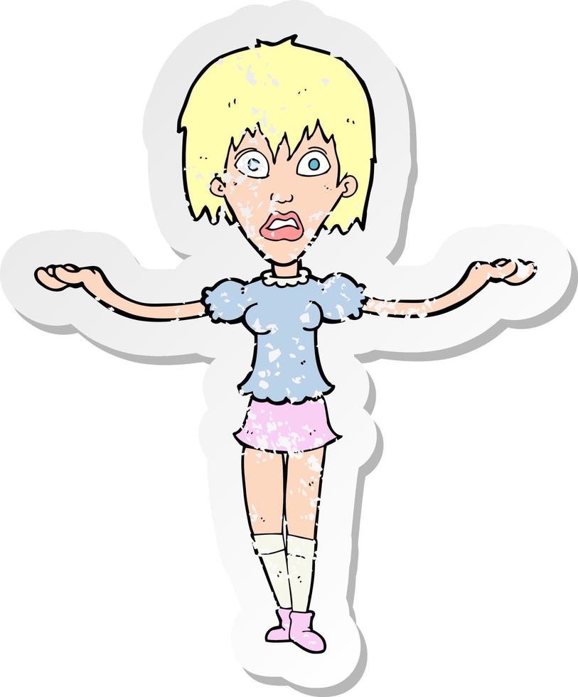 retro distressed sticker of a cartoon woman shrugging shoulders vector