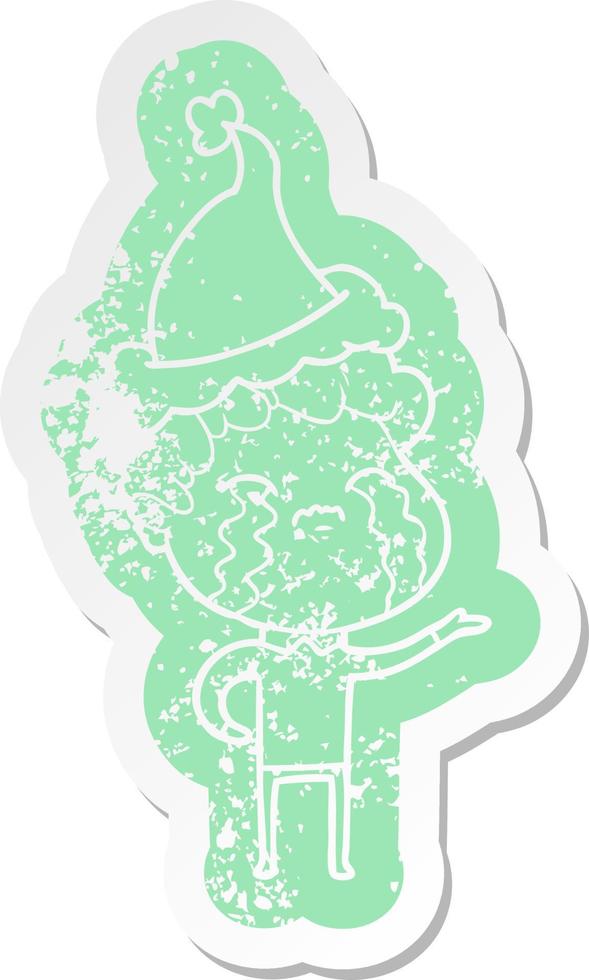 cartoon distressed sticker of a man crying wearing santa hat vector