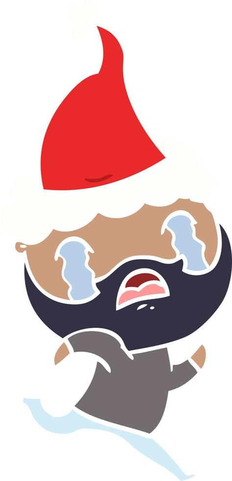 flat color illustration of a bearded man crying wearing santa hat vector