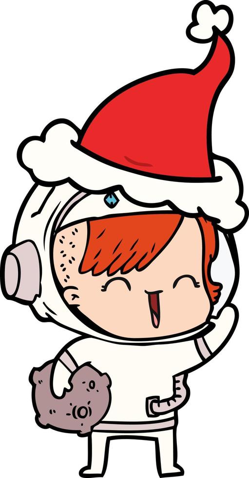 line drawing of a happy spacegirl holding moon rock wearing santa hat vector