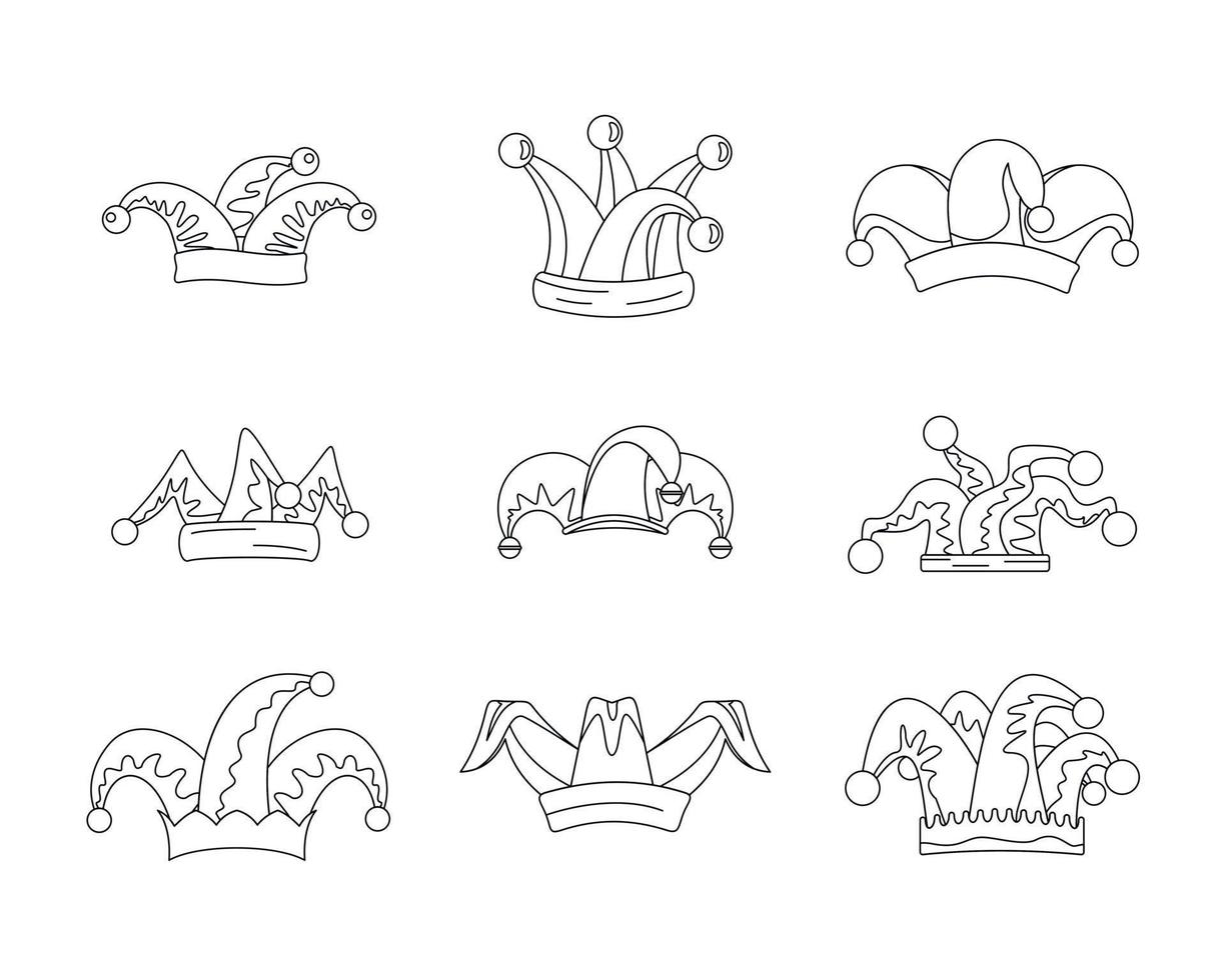 Jester fools hat icons set, outline style vector