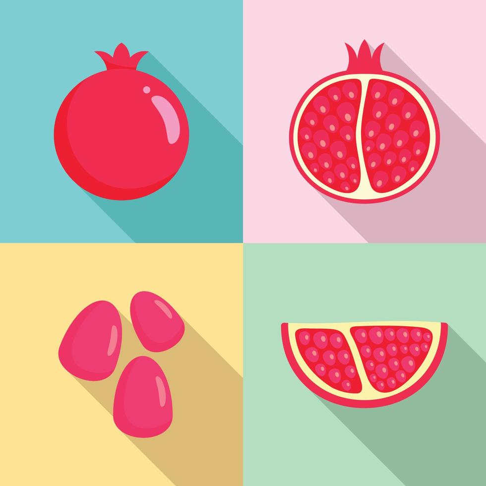 conjunto de iconos de semillas de jugo de granada, estilo plano vector