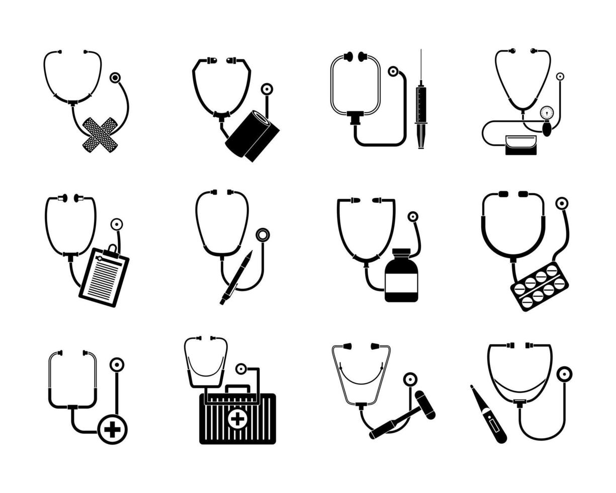 Conjunto de iconos de estetoscopio de fonendoscopio, estilo simple vector