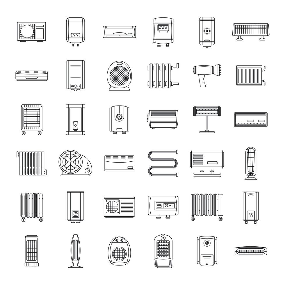 Electric heater device icons set, outline style vector