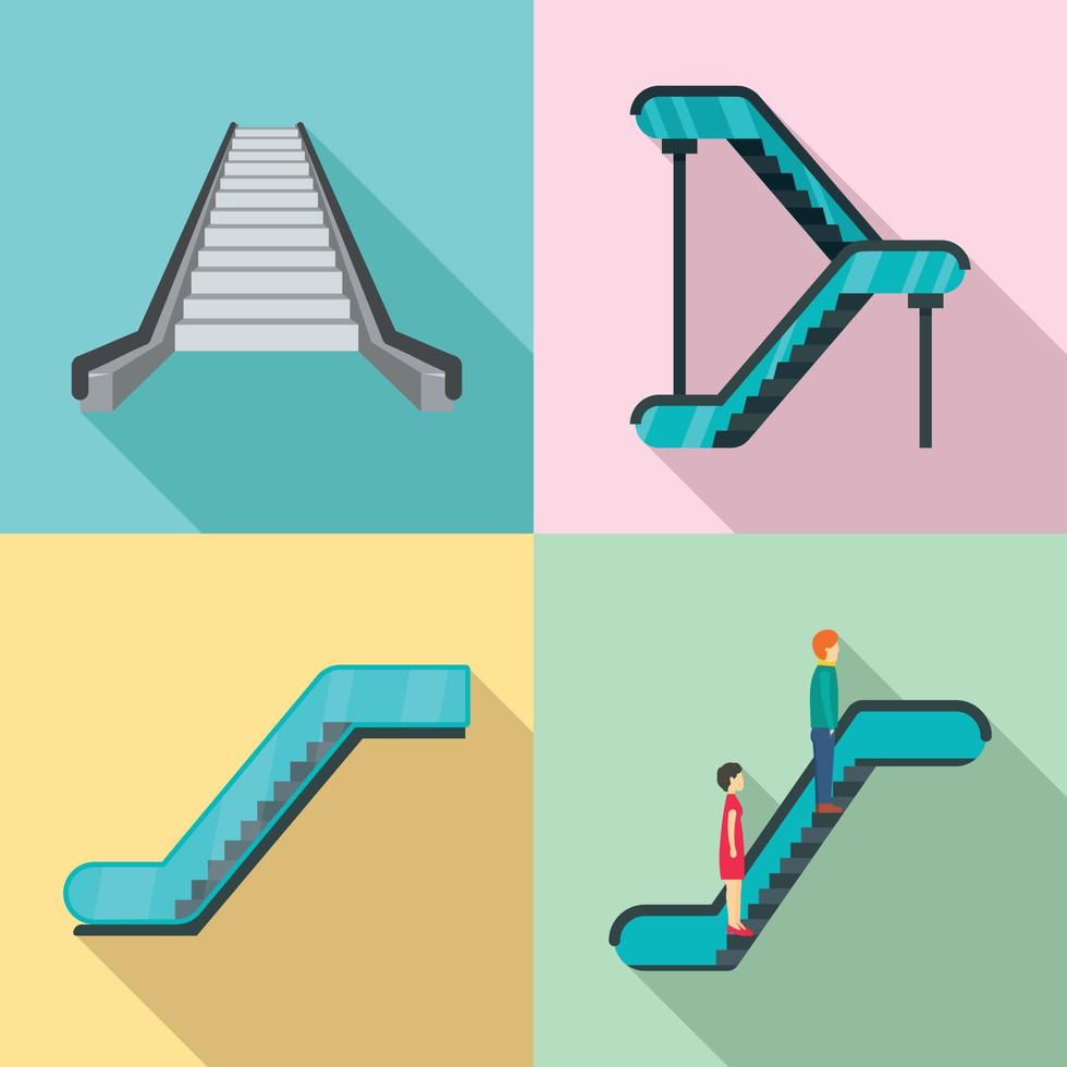 conjunto de iconos de ascensor de escaleras mecánicas, tipo plano vector