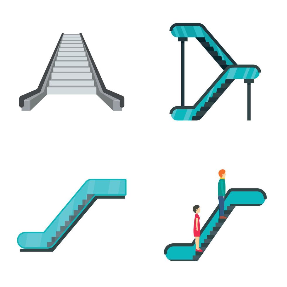 conjunto de iconos de ascensor de escaleras mecánicas, tipo plano vector