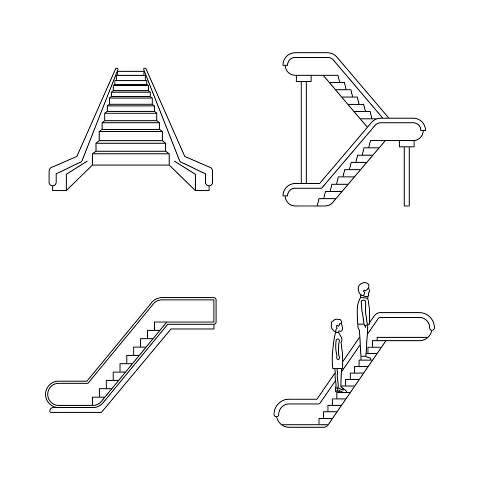 Escalator elevator icons set, outline style vector