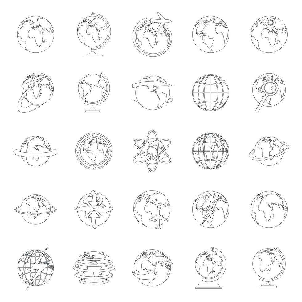 Globe Earth icons set, outline style vector