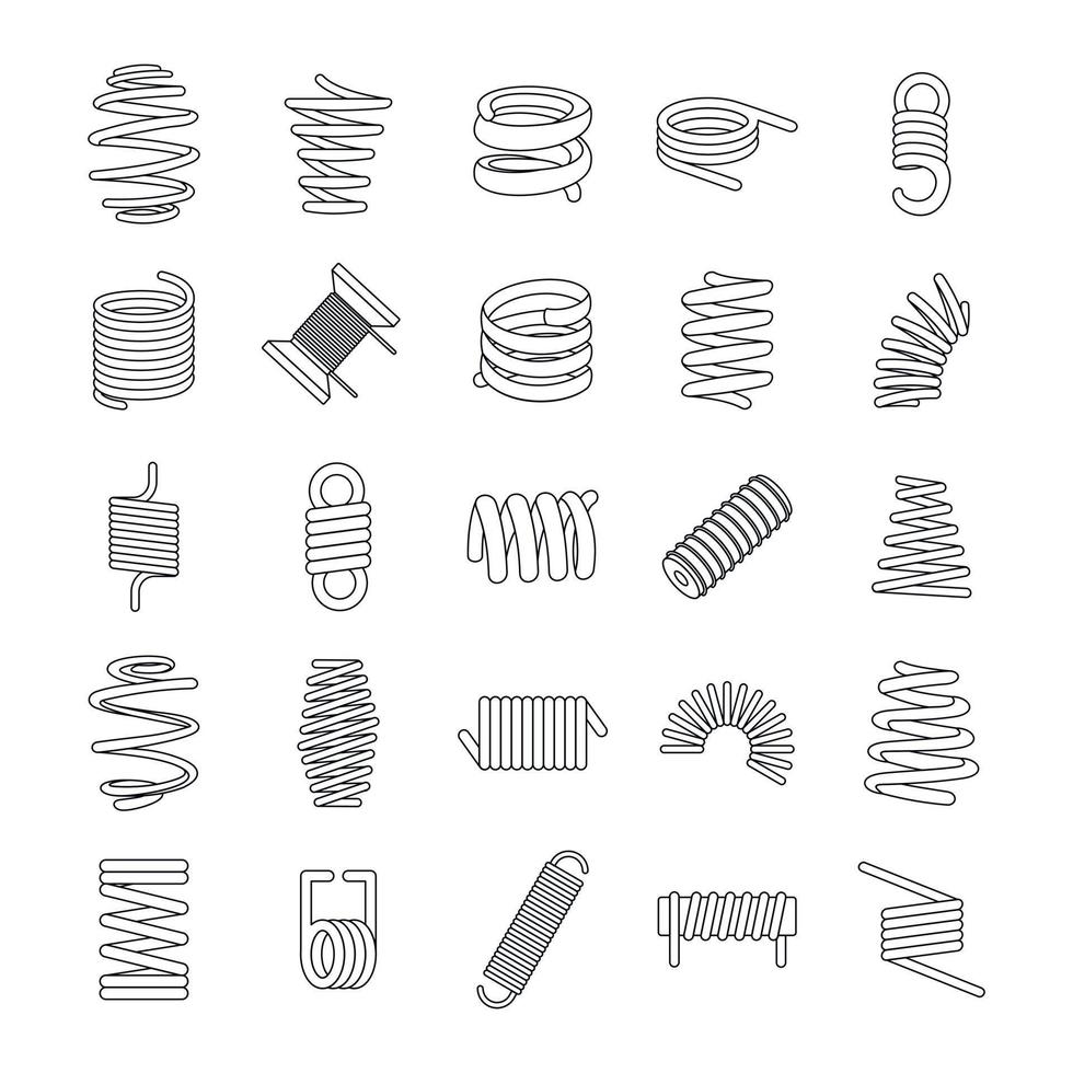 Coil spring cable icons set, outline style vector