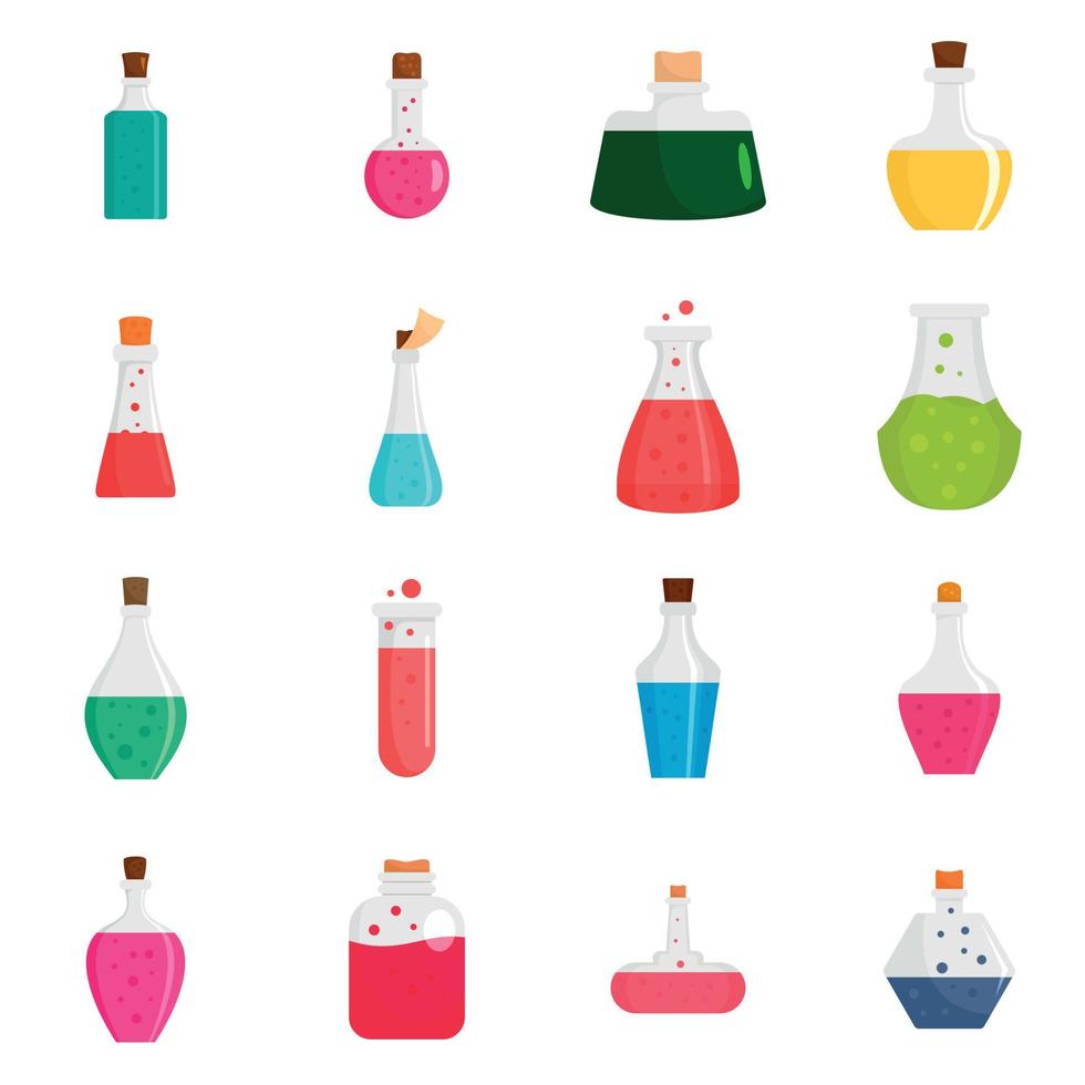 Potion magic bottle icons set, flat style vector