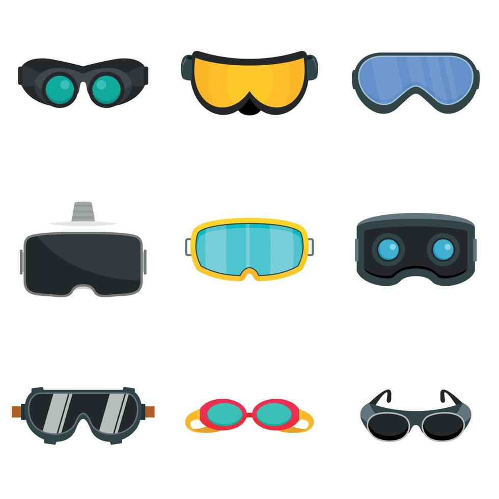 Goggles ski glass mask icons set, flat style vector