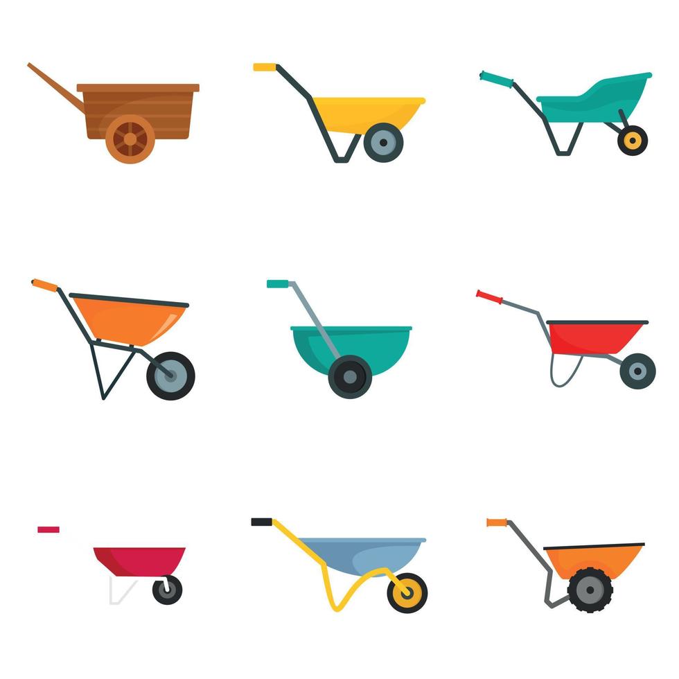 Wheelbarrow garden plant icons set, flat style vector