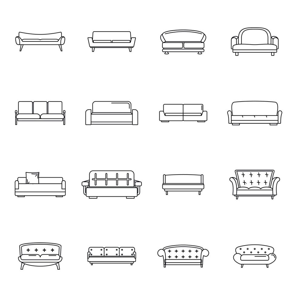 Sofa chair room couch icons set, outline style vector