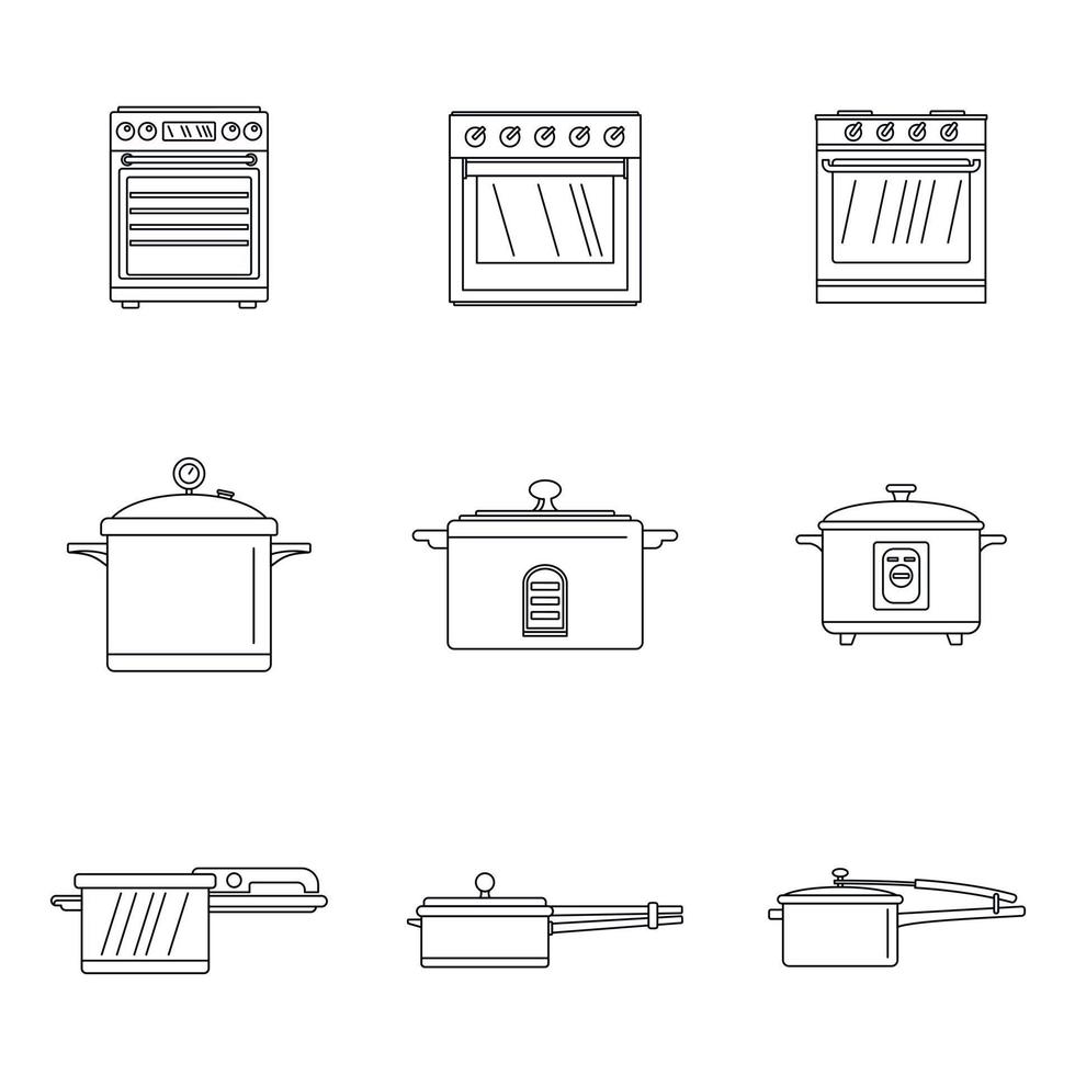 Cooker oven stove pan icons set outline style vector