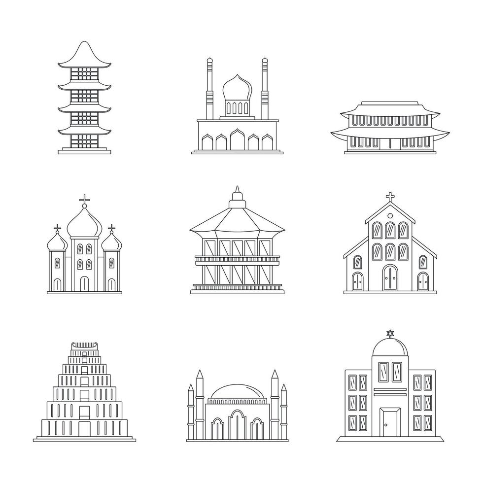 conjunto de iconos de castillo de torre de templo estilo de esquema vector