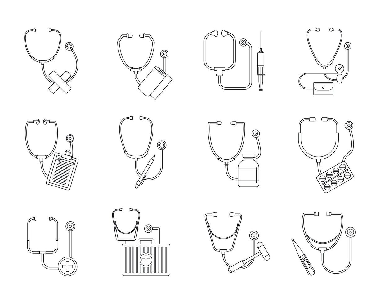 Phonendoscope stethoscope icons set, outline style vector