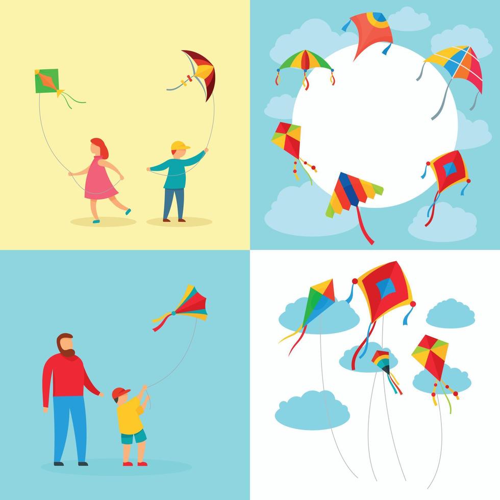 Kite flying surf banner concept set, flat style vector